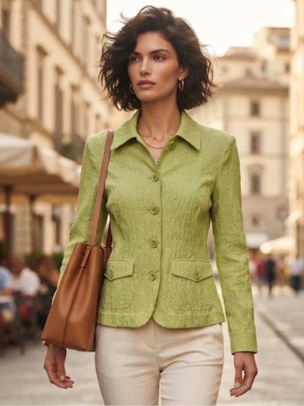 Coldwater Creek Lime Green Textured Crinkle Blazer Jacket Sz 12